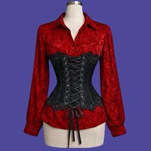 1990s Goth Blood Red Roses Satin Blouse